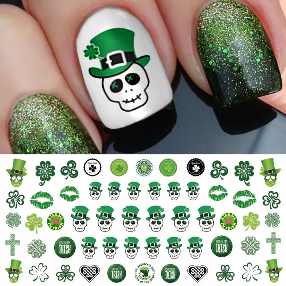 💌BO/GO$6 ☘️ St.Patrick’s Day Irish Skulls CloverS Nail Transfer Decals